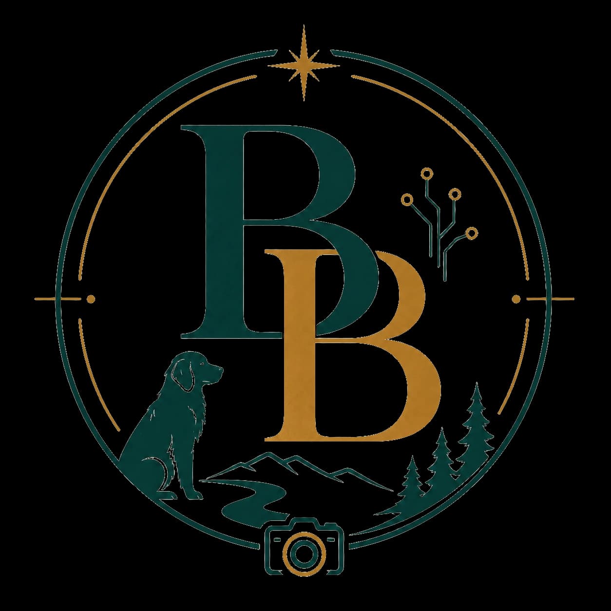 BB monogram – interlocking forest and gold initials ringed by a star, a dog, mountains, a river, pines, and a camera