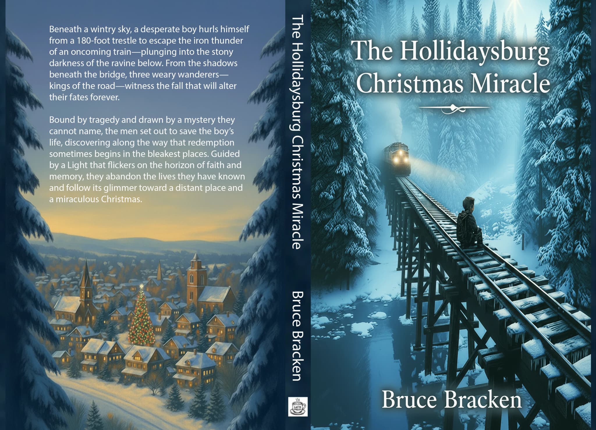 Commissioned book-jacket wraparound shown flat – back cover, spine, and front cover in one view. A cold, ominous front shows a boy alone on a high trestle with a train closing in; it resolves across the spine to a warm, lit town on the back.