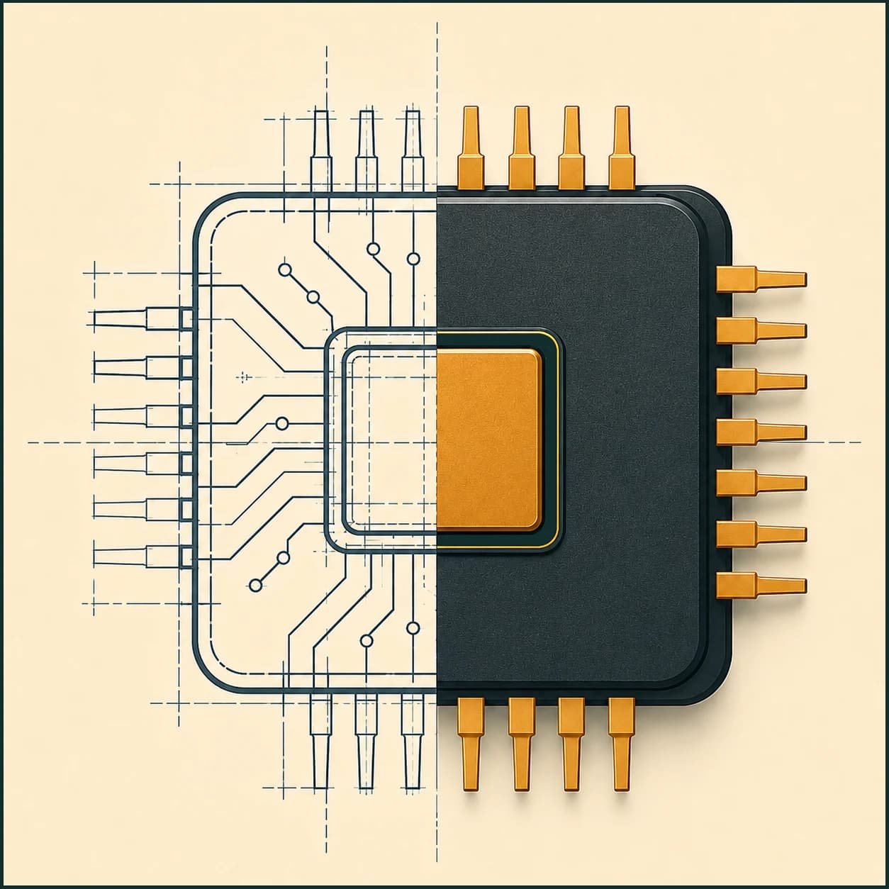 Bruce Bracken emblem – a processor drawn half as an engineering blueprint, half as finished hardware