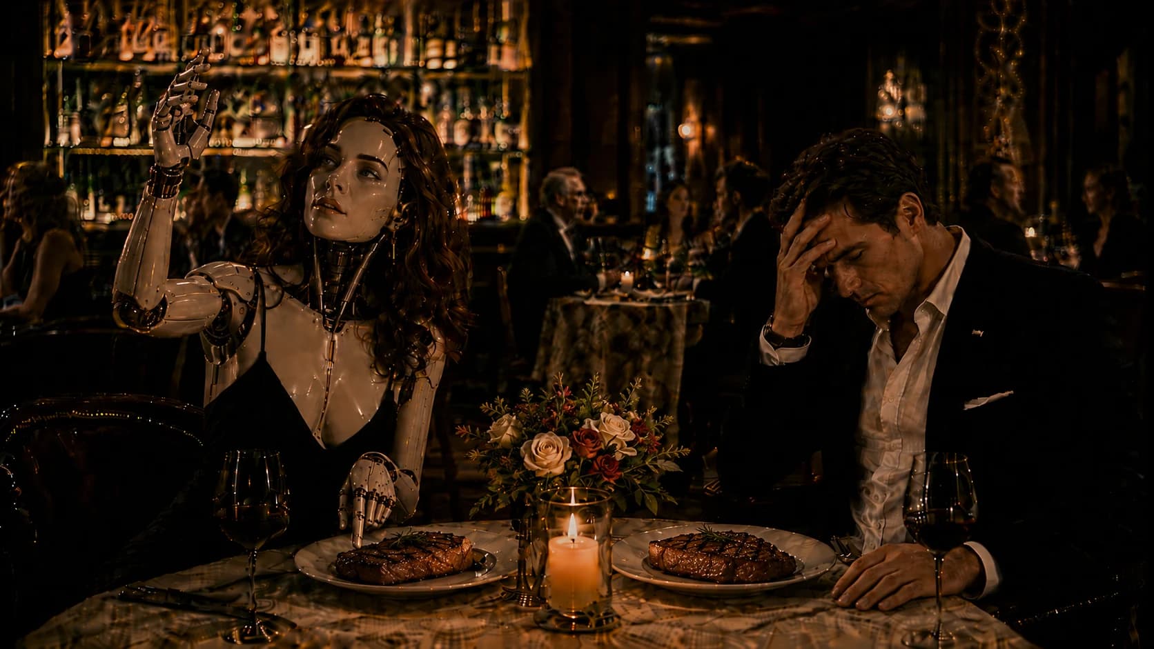 Field Notes from The Build, No. 3 – header art for the essay 'I Overheard AI's Entire Future in a Steakhouse Breakup.'