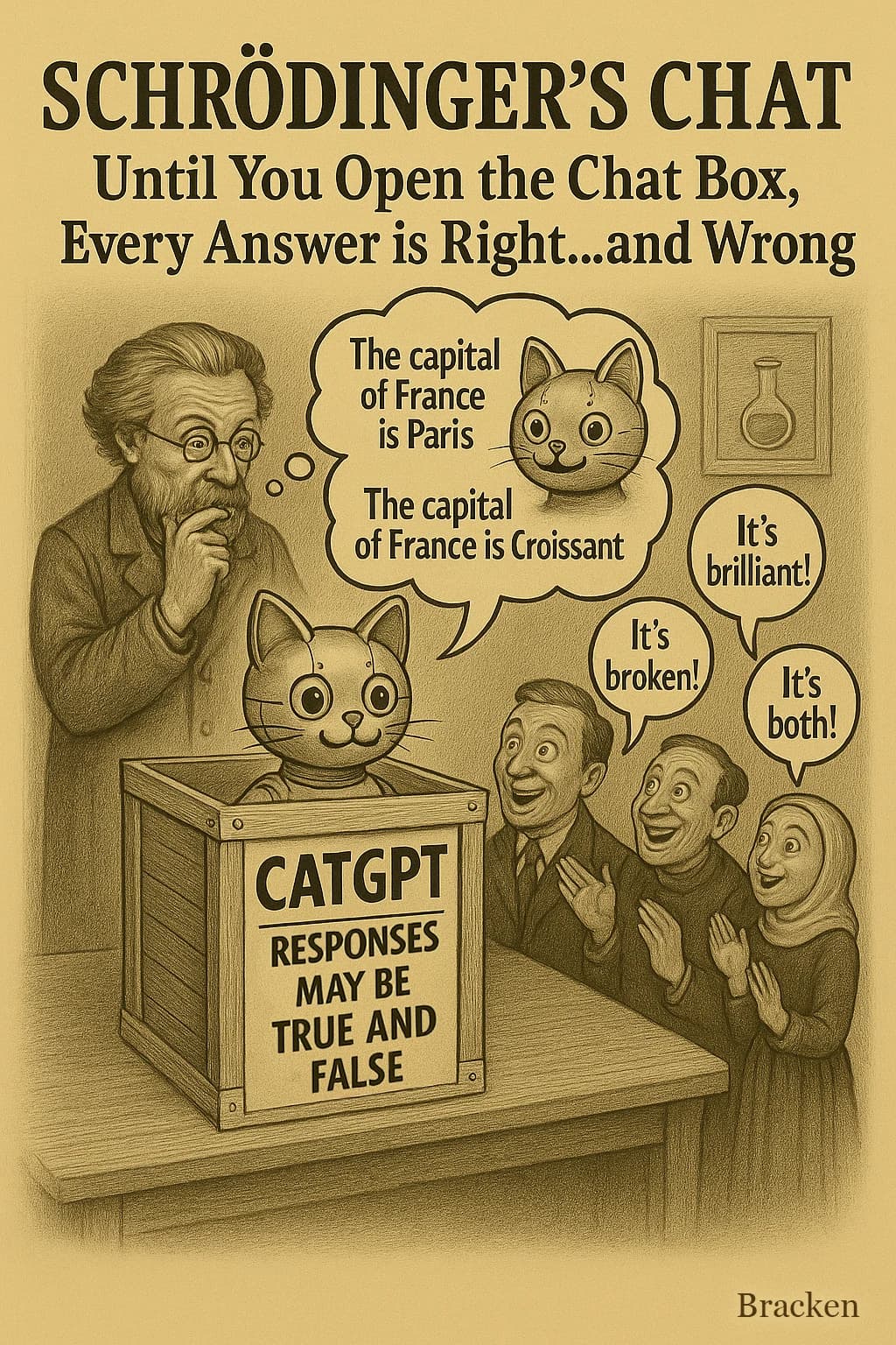 Editorial cartoon, Schrödinger's Chat – a chatbot rendered in vintage sepia scientific-illustration style.