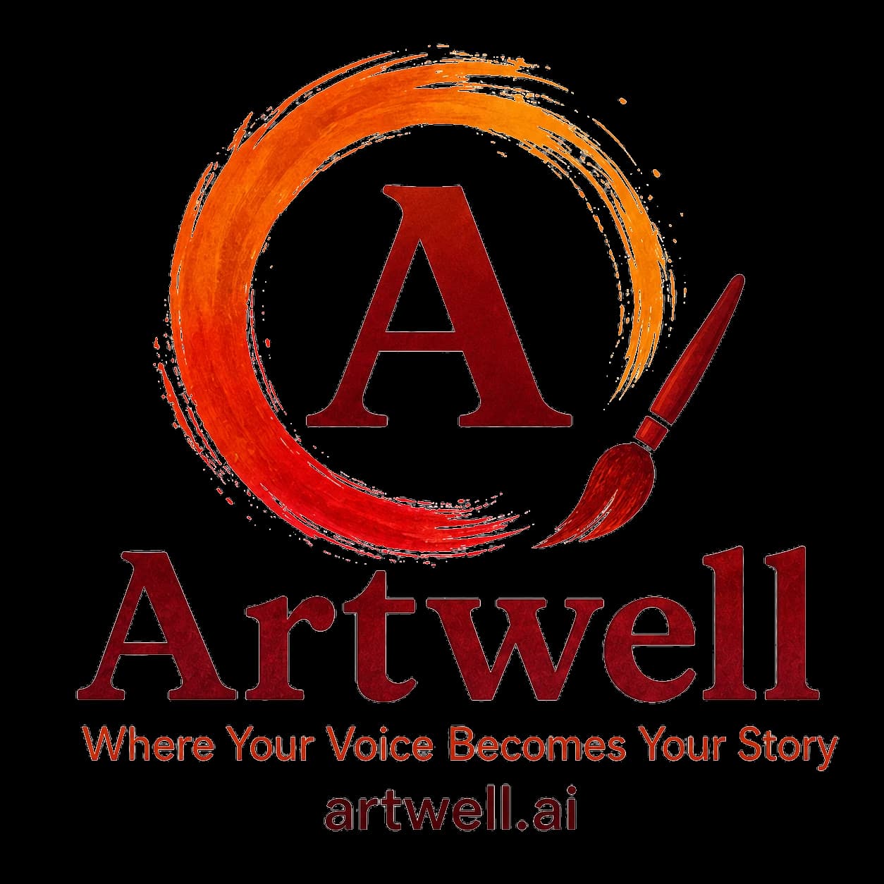 Artwell logo – a serif letter A inside an orange brushstroke circle above the Artwell wordmark and the line: Where Your Voice Becomes Your Story